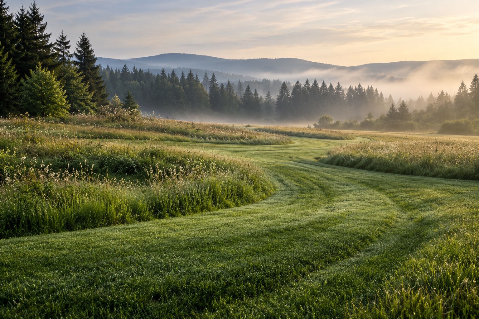 Illustrative meadow with flowing mown paths and a misty evergreen horizon